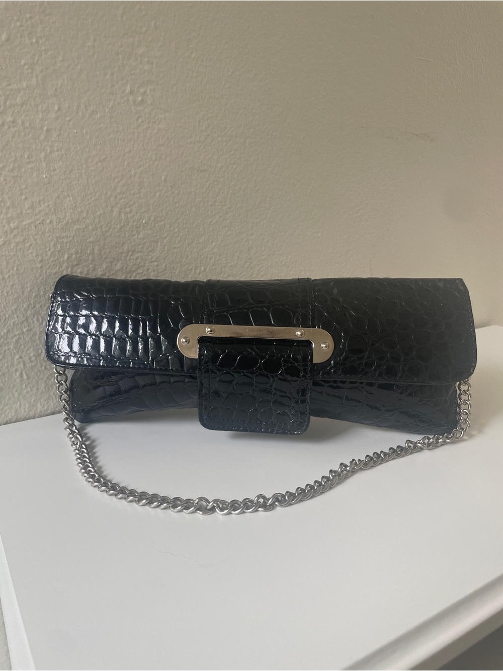 Aldo Black Croc-Embossed Chain Strap Clutch